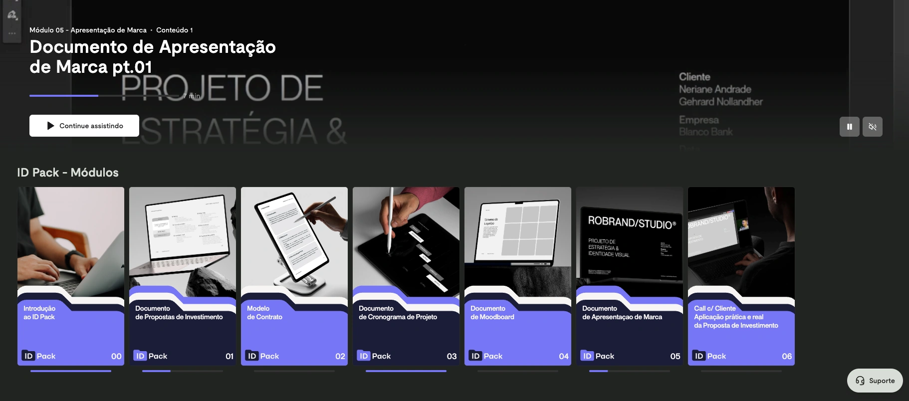 Plataforma do ID Pack com introdução, cinco módulos de documentos e o módulo bônus de call com cliente